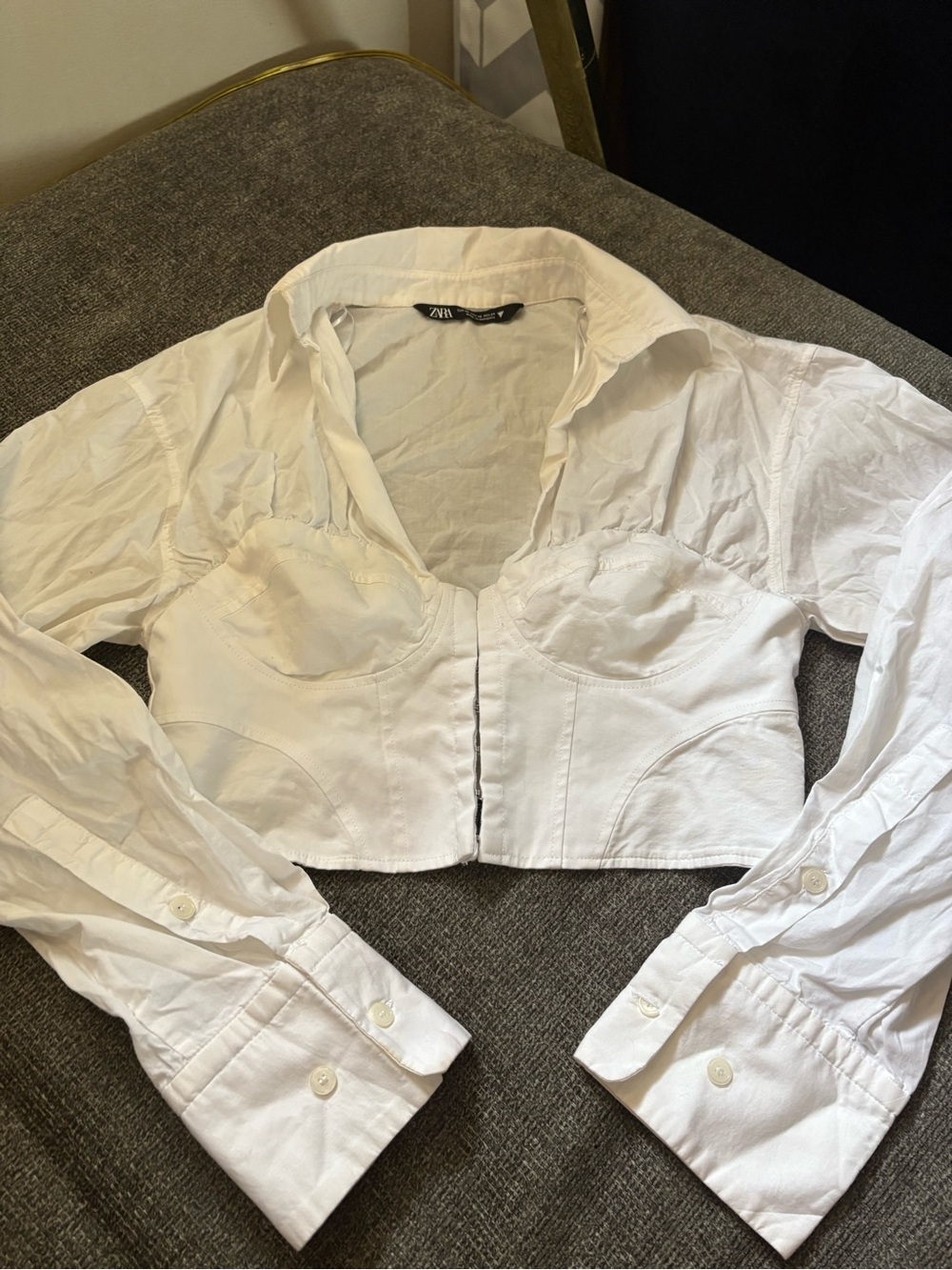Zara White Cropped Button-Front Bustier Shirt